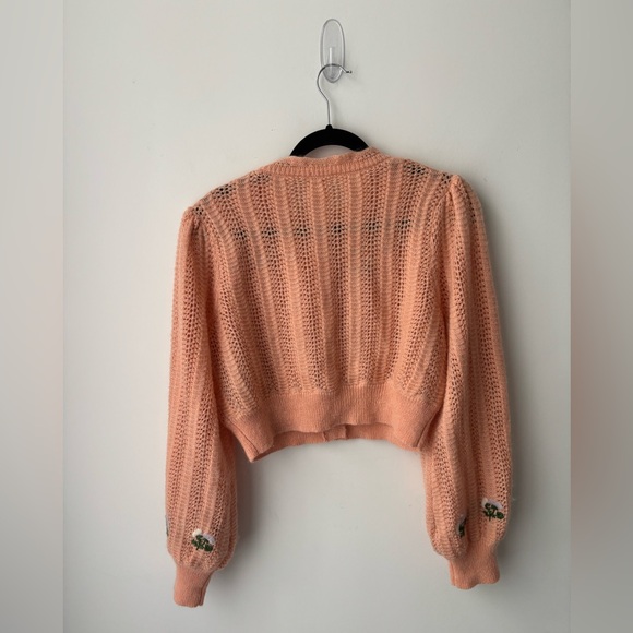 Aritzia Le Fou Wilfred Cropped Embroidered Cardigan Peach Knit Puff Sleeve - Picture 9 of 10